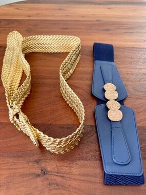 2 Retro 1980s Style Belts Navy Stretch w/ Gold Buckle & Gold Braided Not Worn
